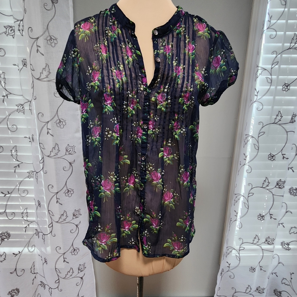 Aeropostale Blue Floral Sheer Short Sleeve Button Front Blouse Size L
